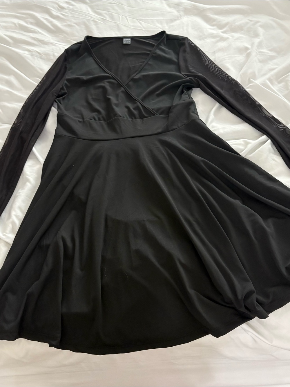 SHEIN Black Long Sleeve Mesh-Sleeve Wrap Skater Dress